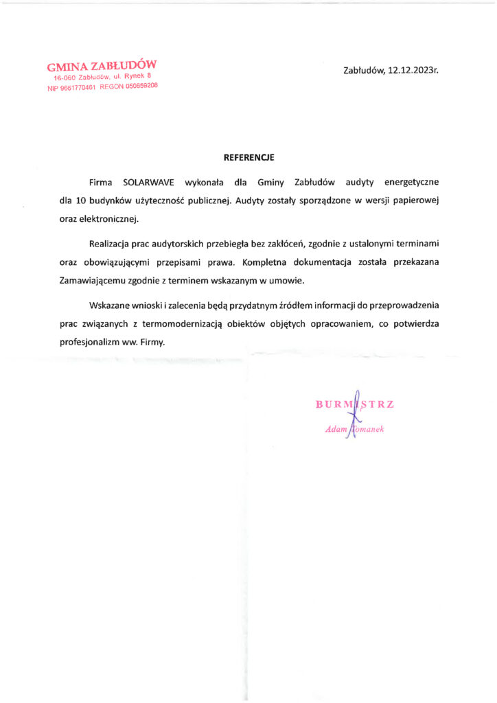 Referencje SolarWave - Gmina Zabłudów