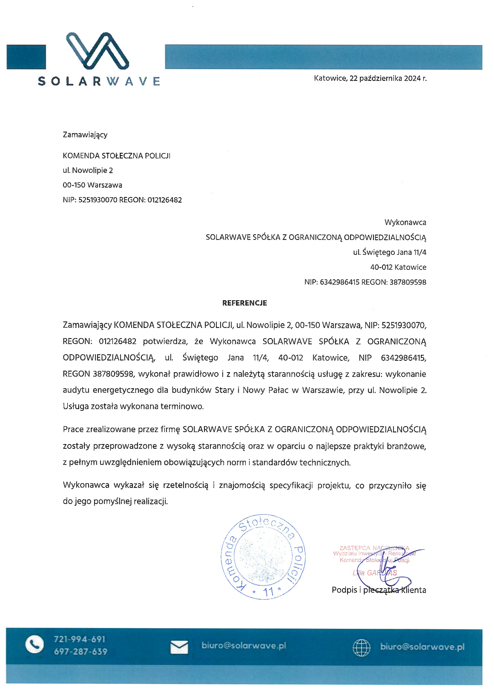 Referencje SolarWave - Komenda Stołeczna Policji