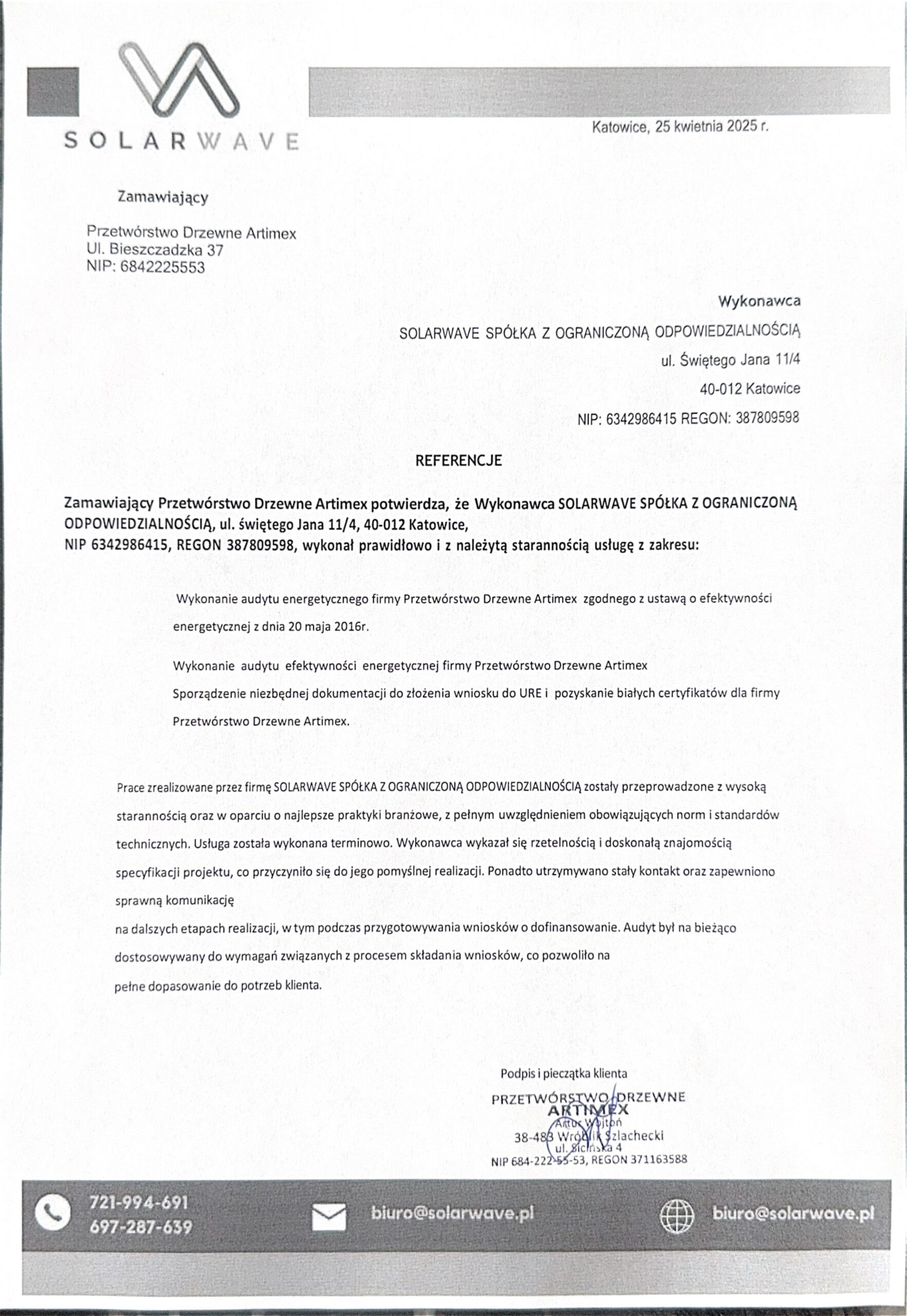 Referencje SolarWave - Przetwórstwo Drzewne Artimex