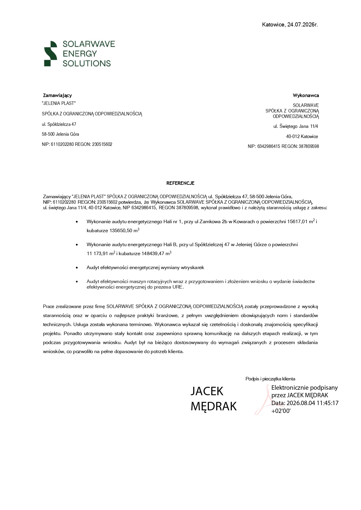 Referencje SolarWave - JELENIA PLAST